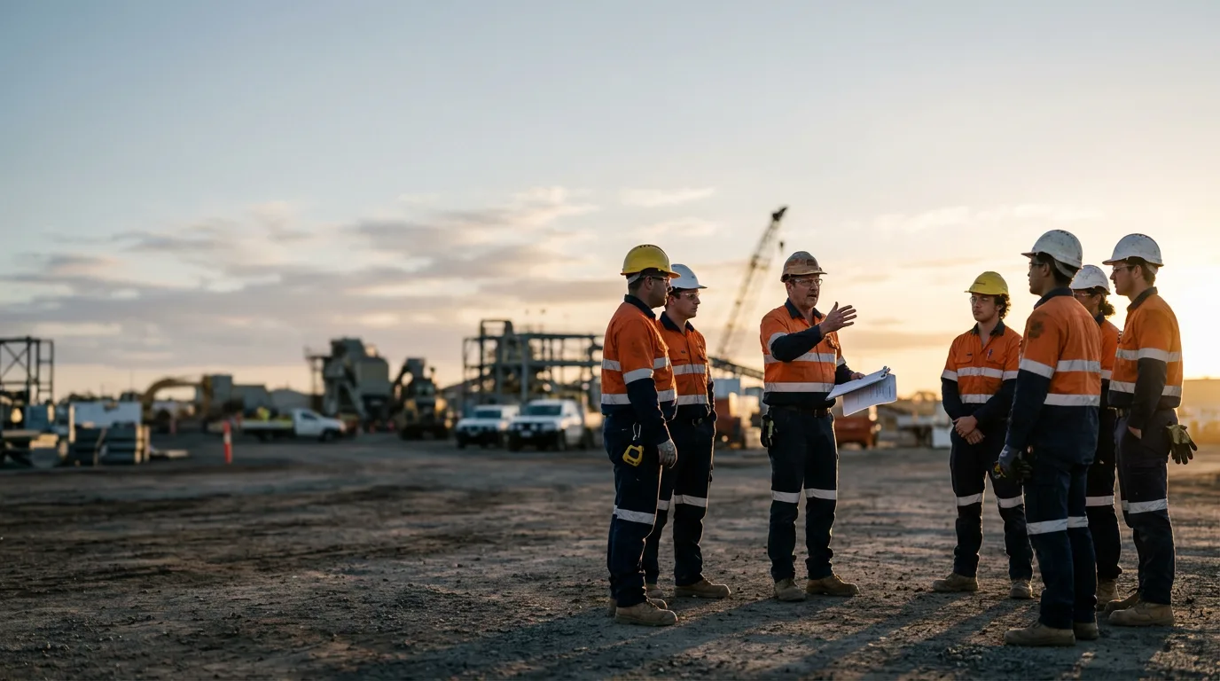 A crew briefing at an Australian worksite at dawn